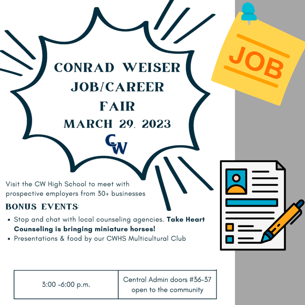 Join us for the Job/Career/Multicultural/Mental Health Fair on 3/29 from 3-6 pm at the HS/District Office! 