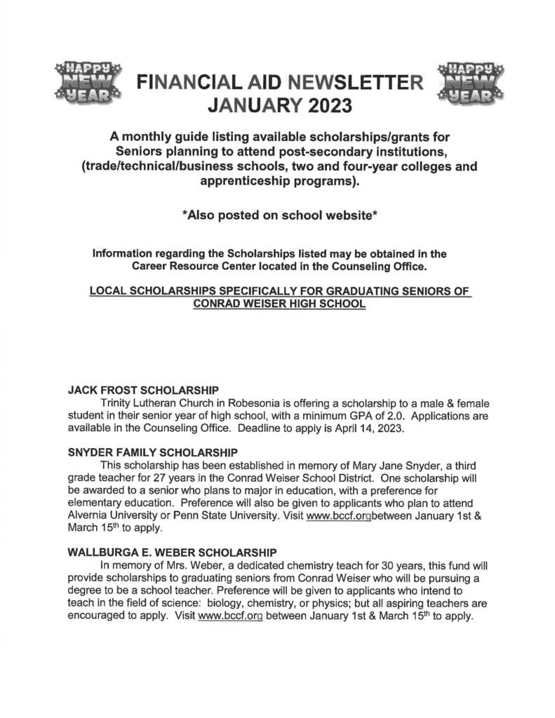 January Financial Aid Newsletter - pg 1