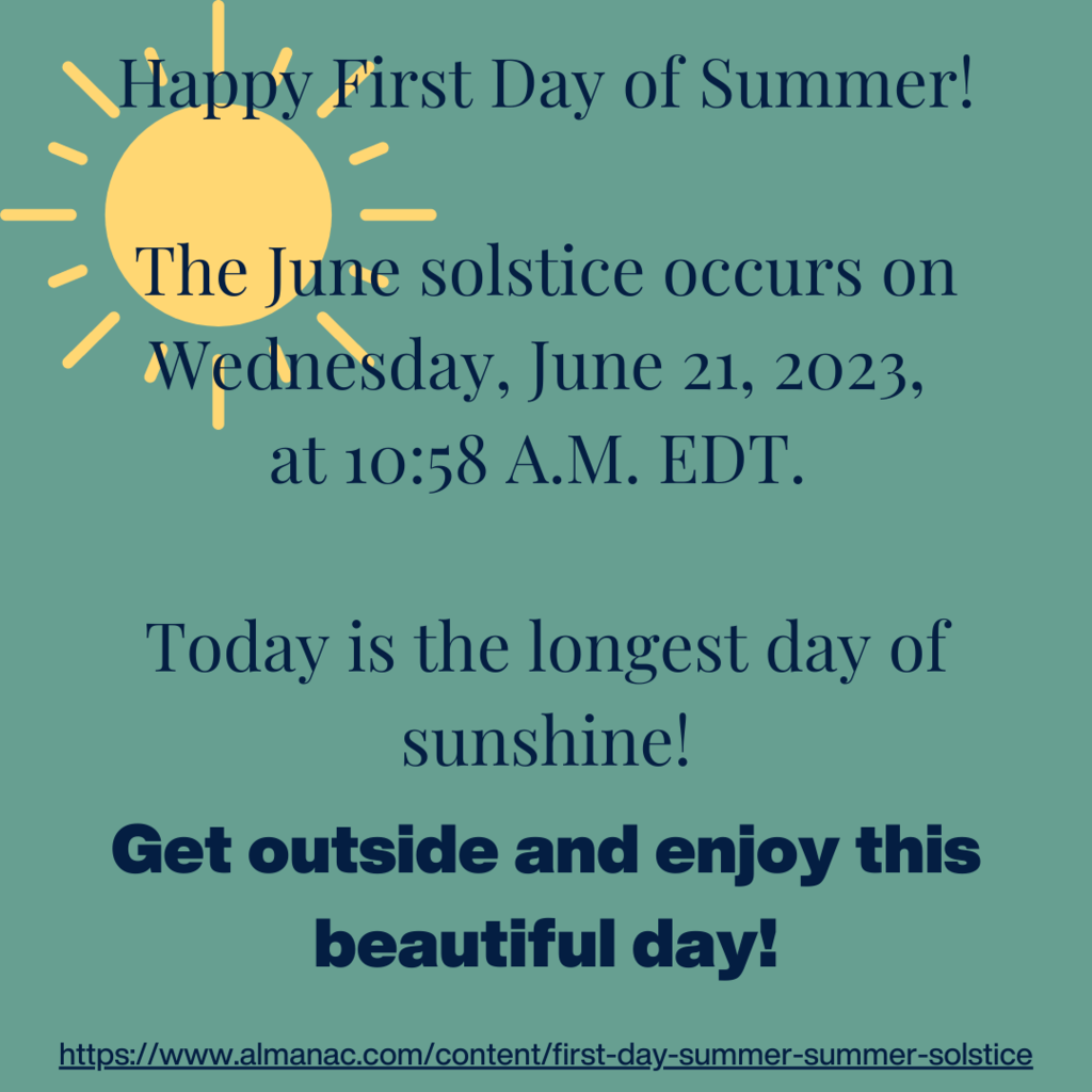 Happy First Day of Summer!  The June solstice occurs on Wednesday, June 21, 2023,  at 10:58 A.M. EDT.   Today is the longest day of sunshine!