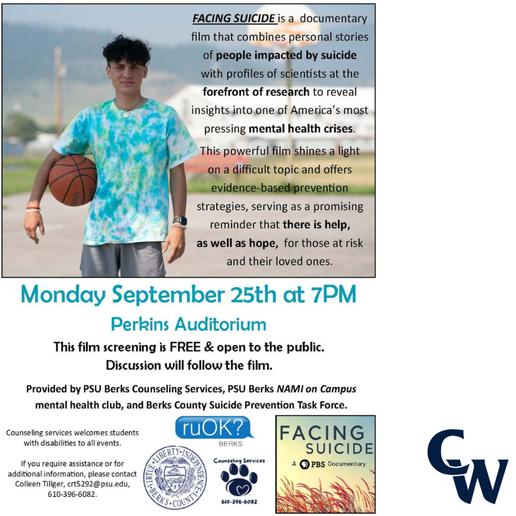 free screening of the documentary Facing Suicide on 9/25 at 7pm, PSU Berks, Perkins Aud.